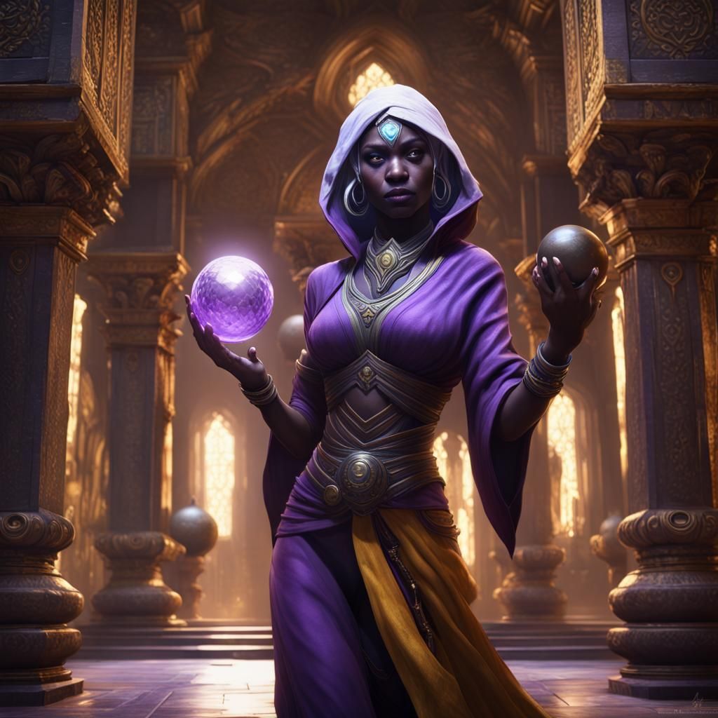 A Drow with a spherical diamond in her hands is escaping from a Temple