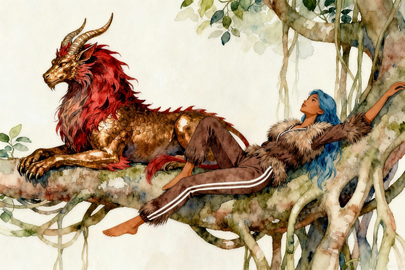 Woman and Chimera Lounge on Banyan Branch in Watercolor