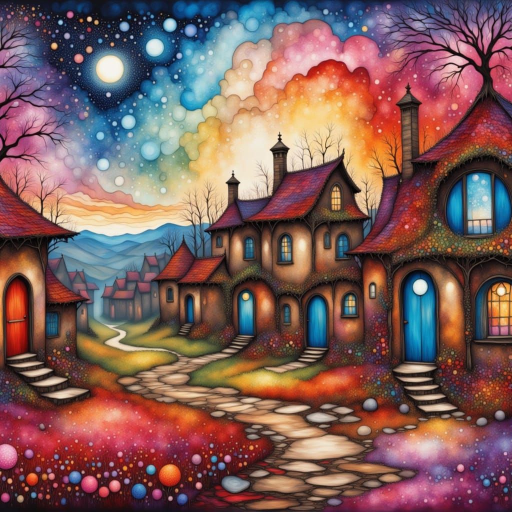 A whimsical village nestled in a valley…