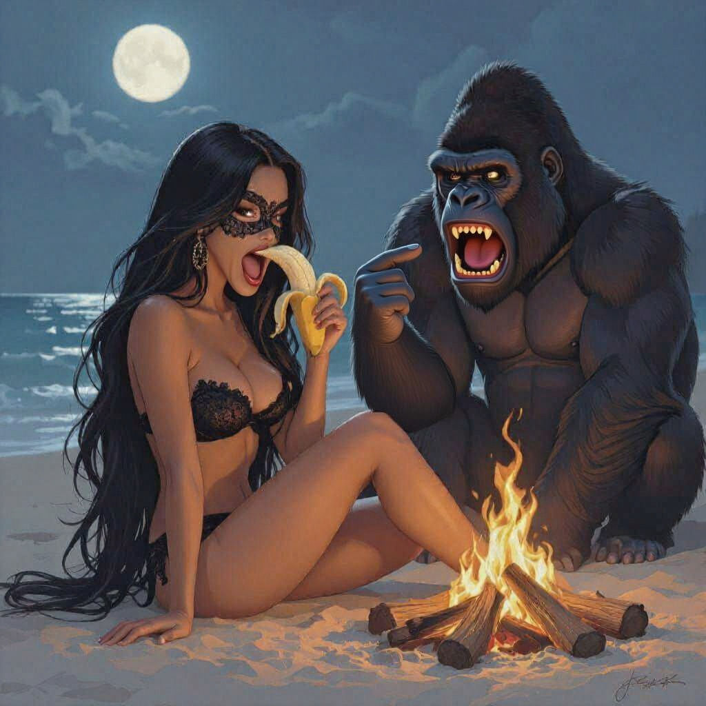 Latina, Gorilla, Campfire on Moonlit Beach