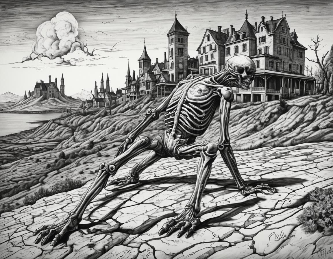 Surreal Landscape Drawing with Deformed Creature