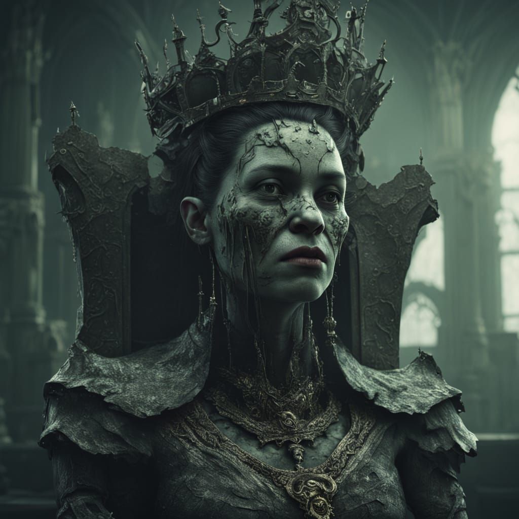 Grotesque Queen Hugs Rubbish in Dark Fantasy Art