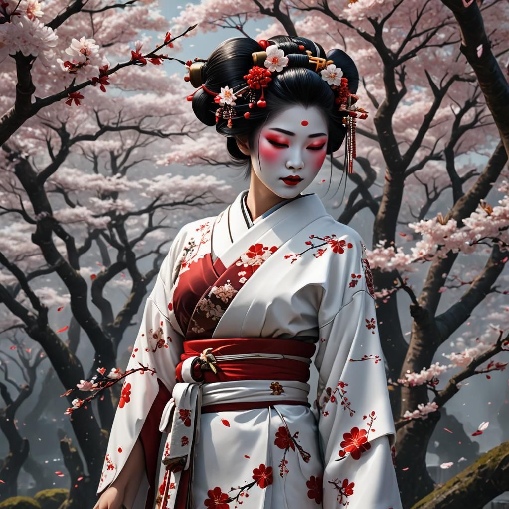 Elegant Geisha in White Kimono with Cherry Blossoms