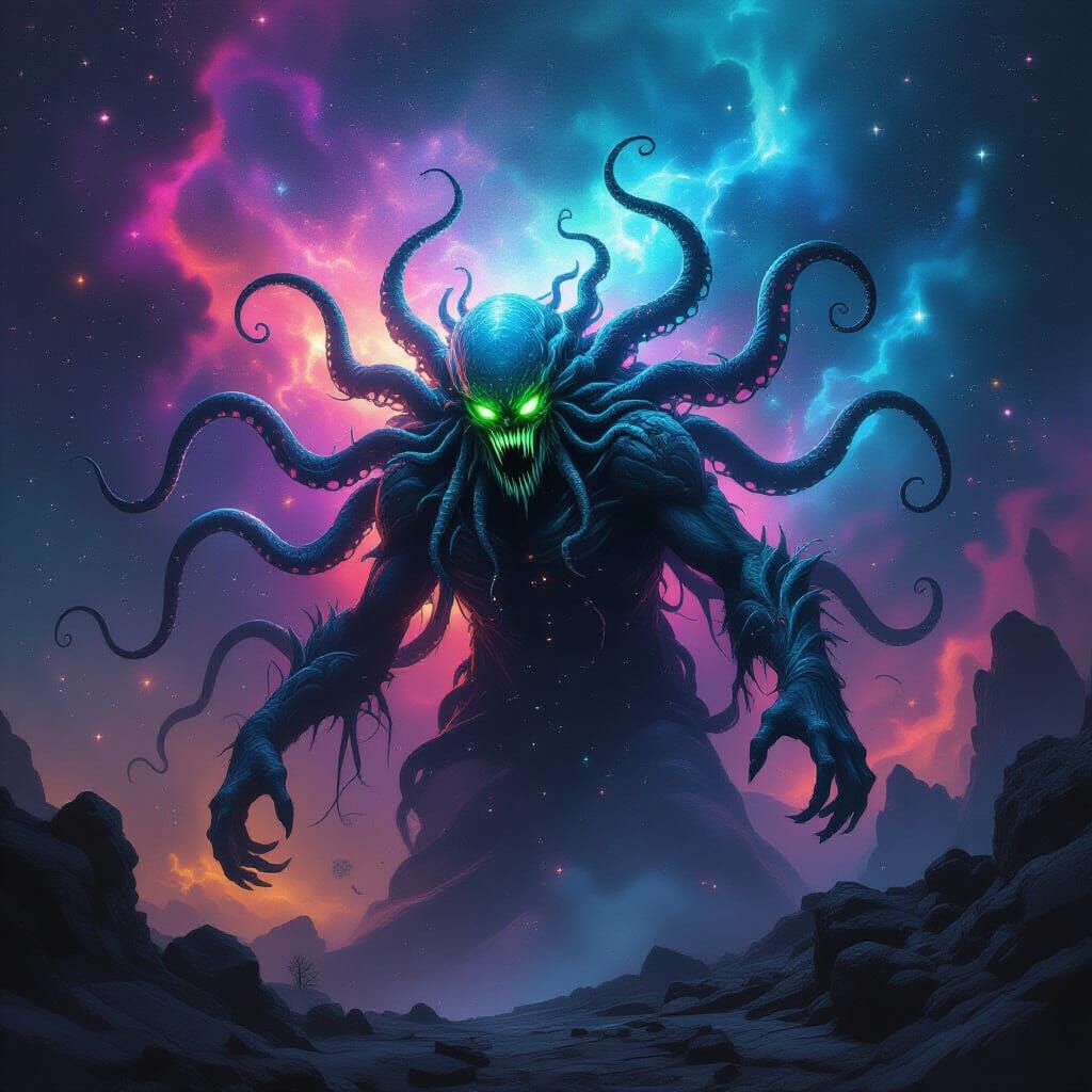Cosmic Horror: Bioluminescent Monster in Starry Night