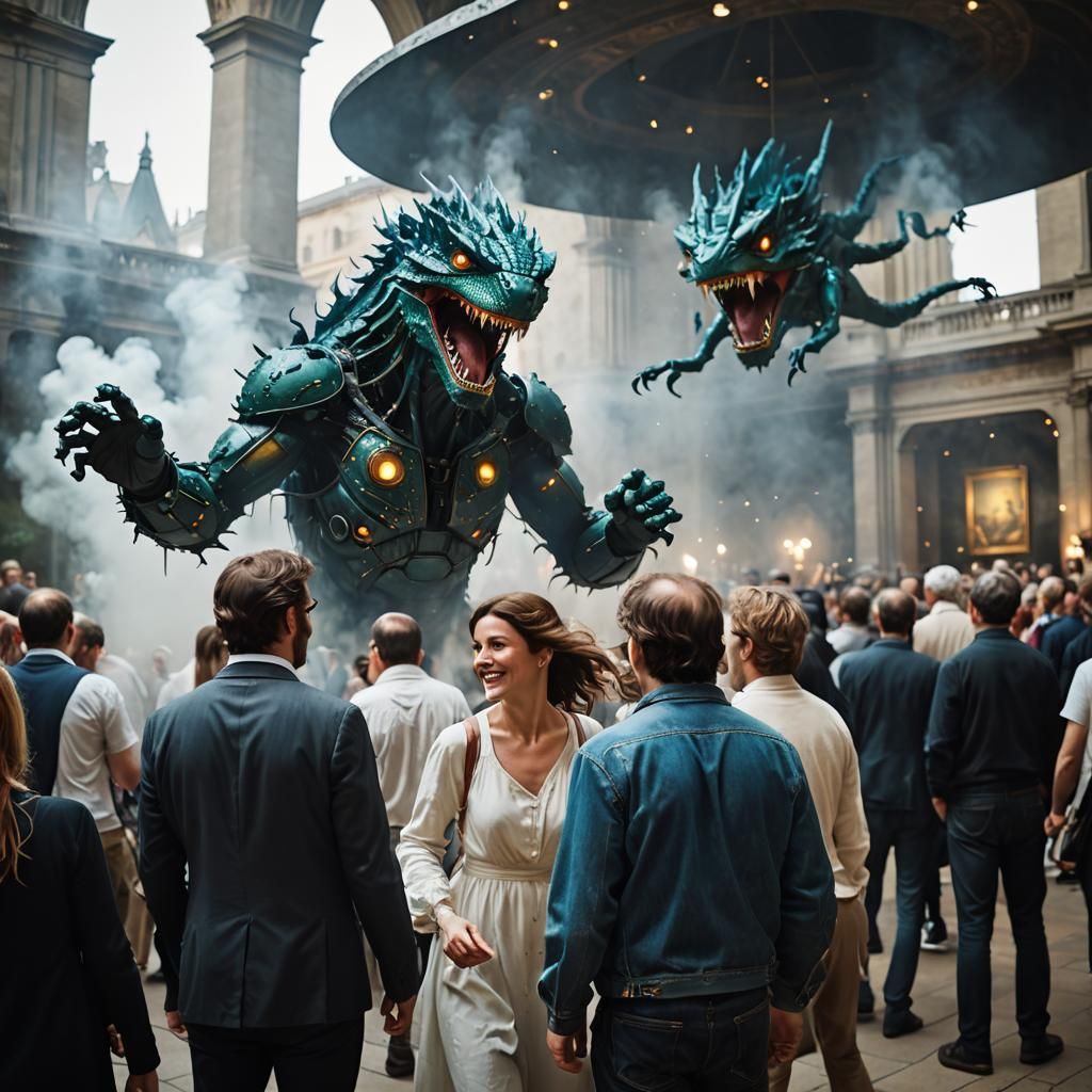 Old Masters' Party with Aliens in Hyperrealism