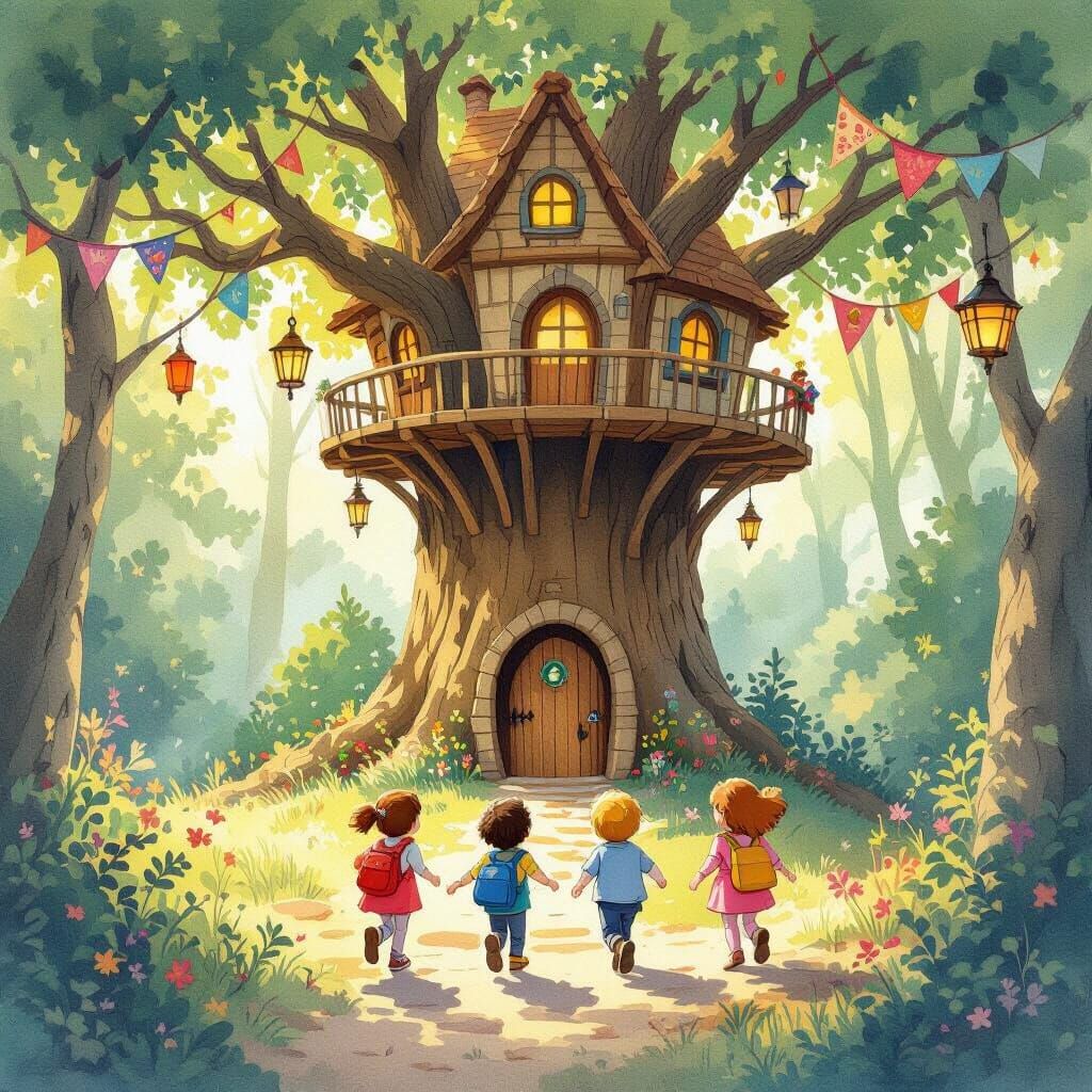 Enchanted Forest: Children's Treehouse in Watercolor Style