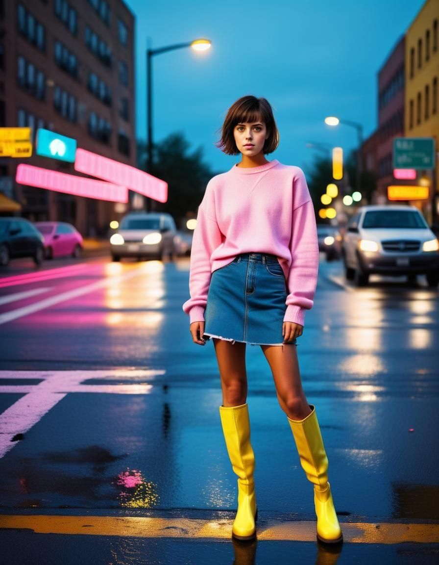 Brunette in Pink Sweater at Busy Junction