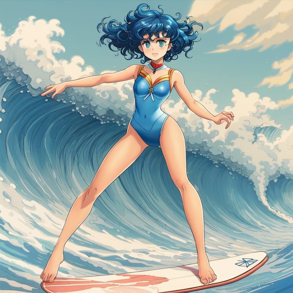 Sailor Mercury Surfing in Detailed Digital Painting