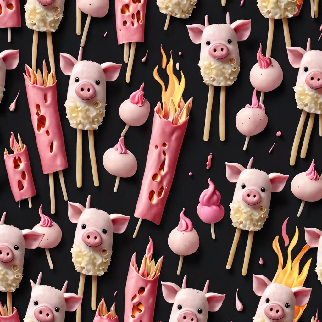 Cheese sticks pink flames, pig