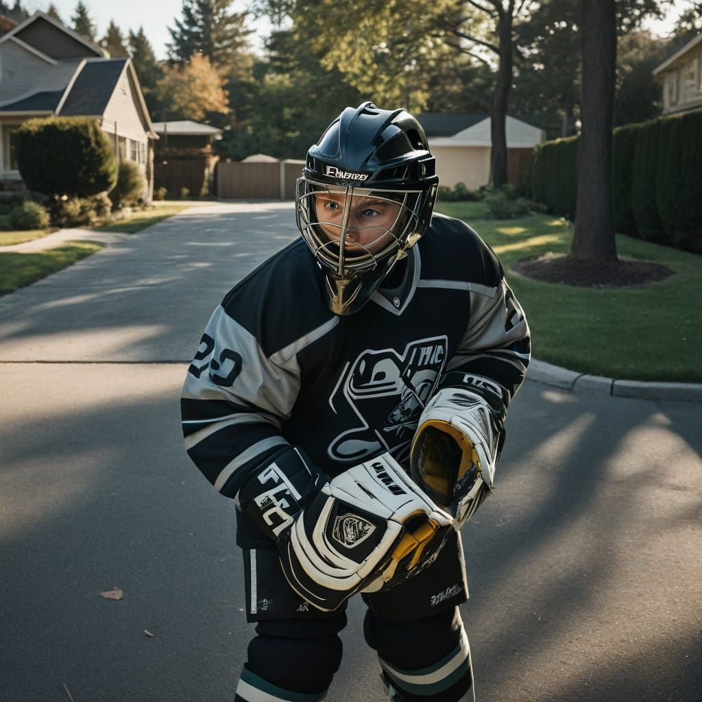 Young Goalie Practices Intensely on Suburban Driveway