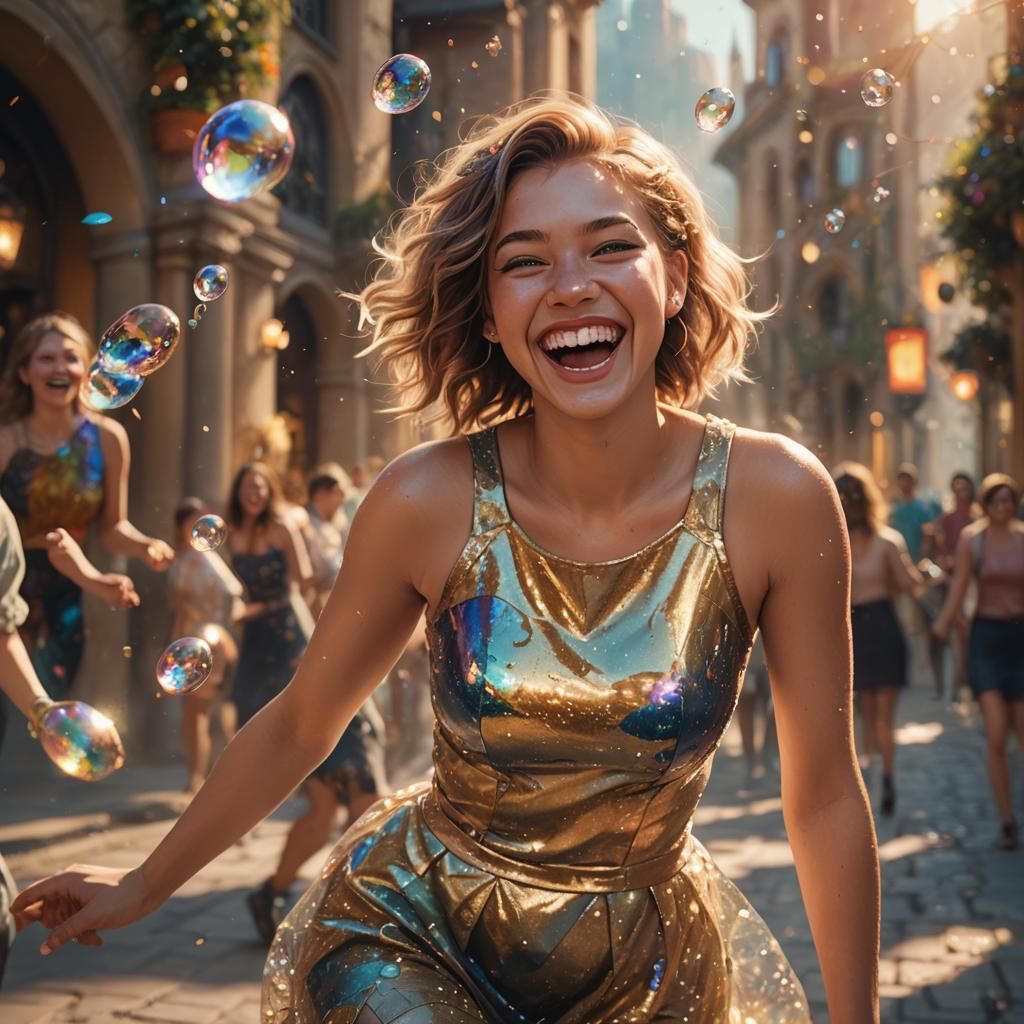 Joyful Young Woman in Vibrant Fantasy Art