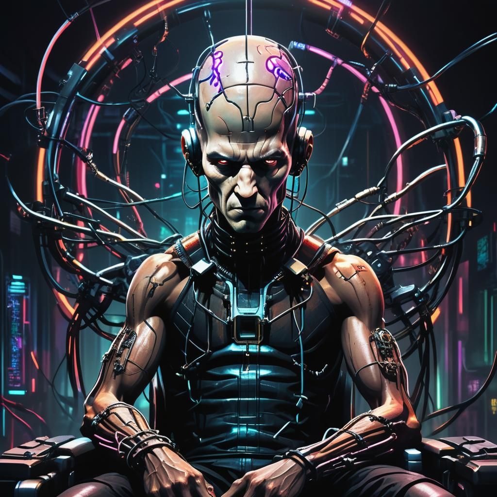 Cyberpunk Villain with Exposed Brain on Throne