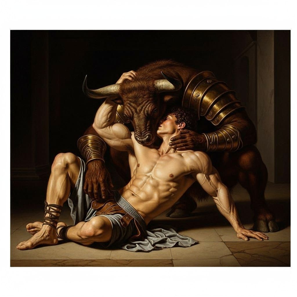Ancient Greek Hero Kisses Minotaur in Labyrinth