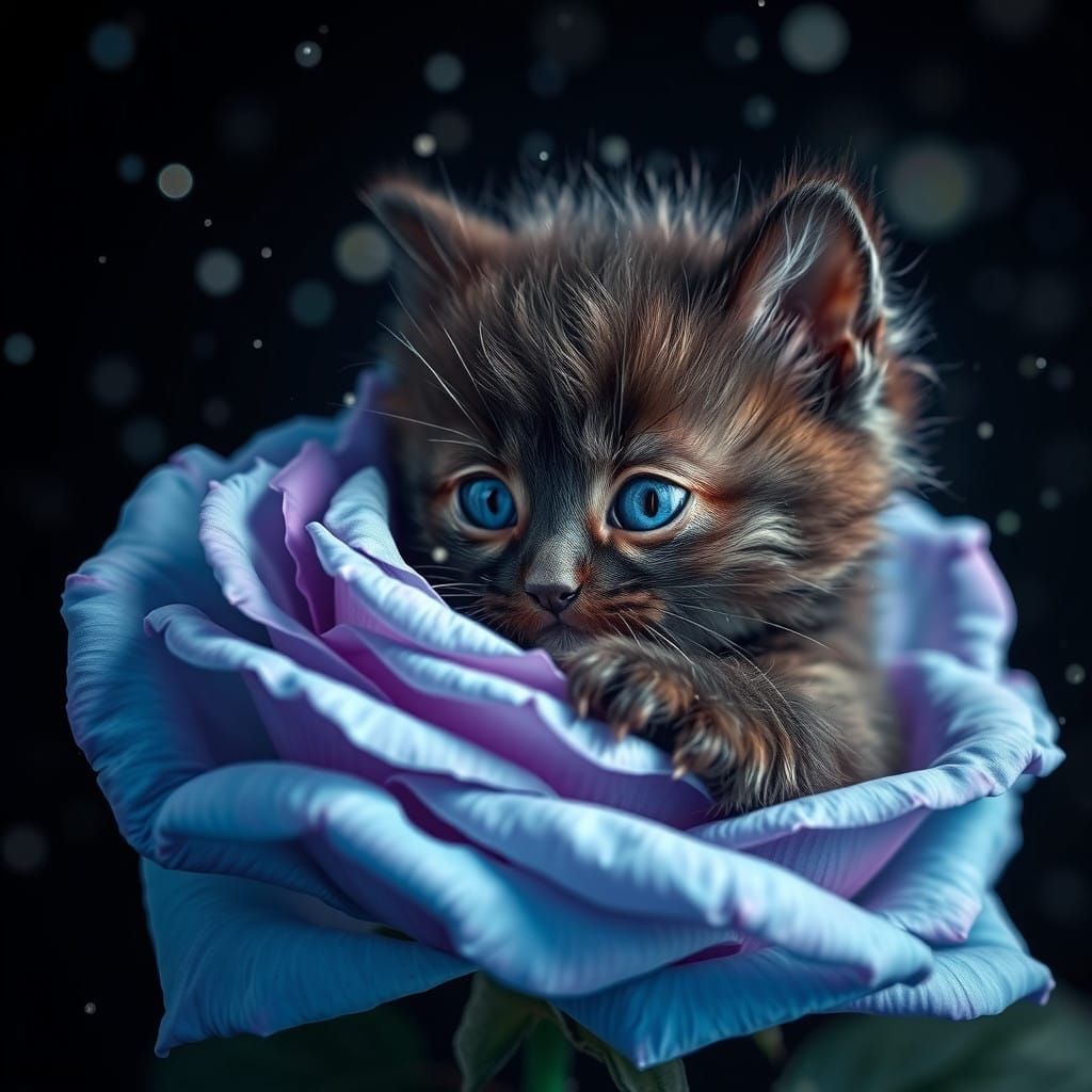 Chubby Kitten Holds Blooming Blue Rose in Whimsical Windy Ni...