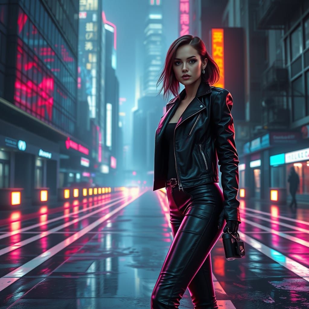 Woman in Cyberpunk Cityscape with Neon Lights