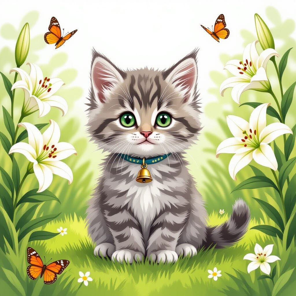 Lost Kitten in Lily Garden, Beatrix Potter Style
