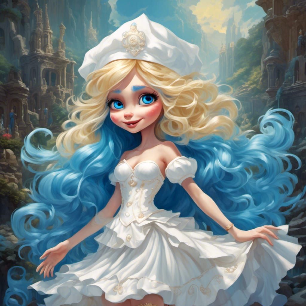 Hyperreal Smurfette with Blonde Hair and White Outfit