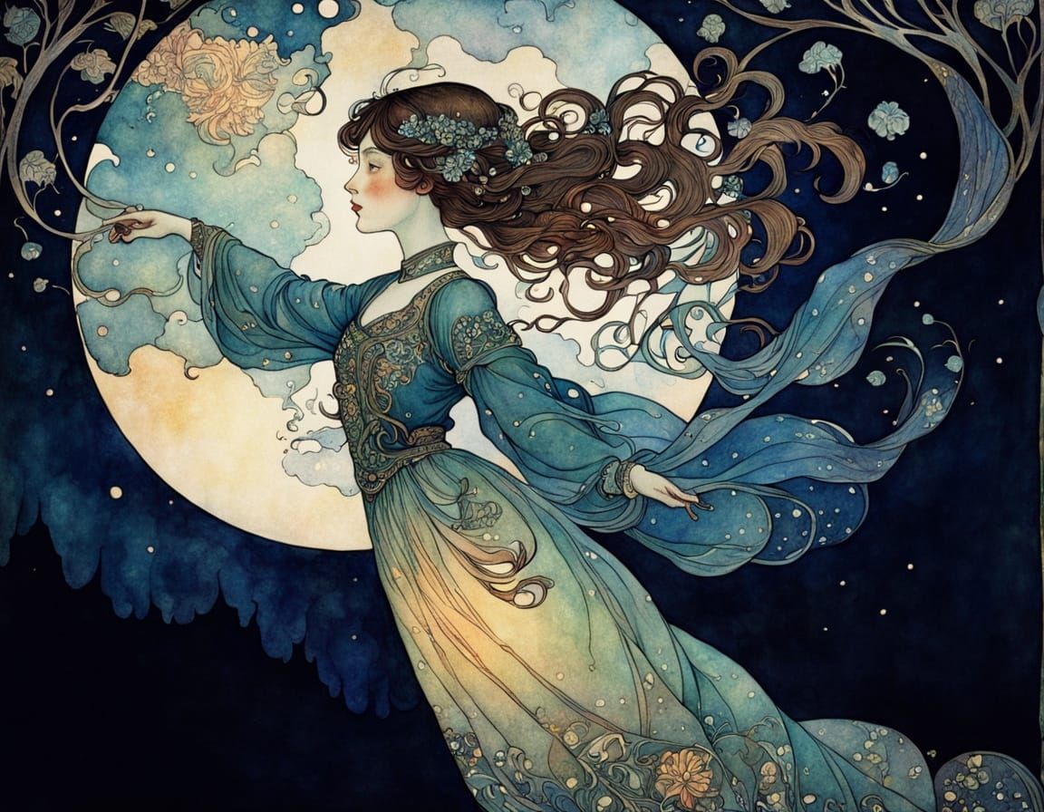 Art Nouveau Otherworldly Being in Wet Wash Watercolors