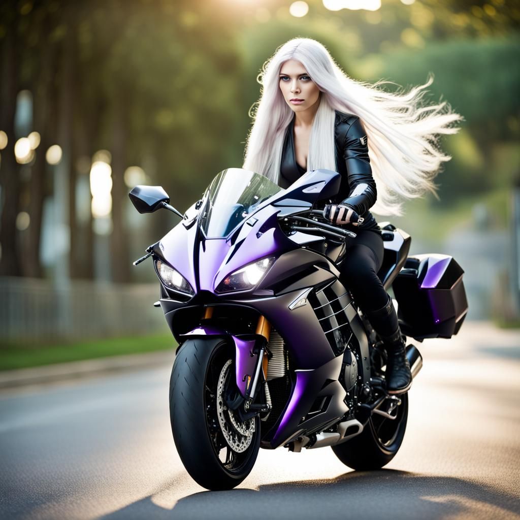 Woman with White Hair on Black Kawasaki Motorcycle