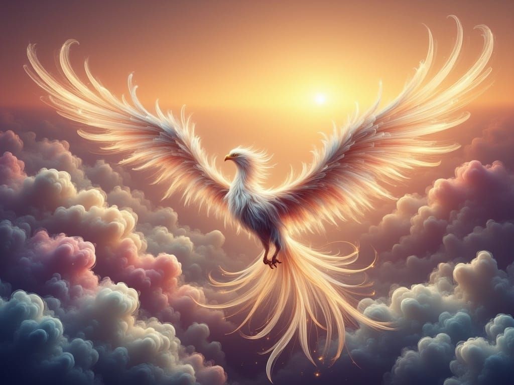 Surreal White Bird Soars Above Majestic Kingdom in Sunset Gl...