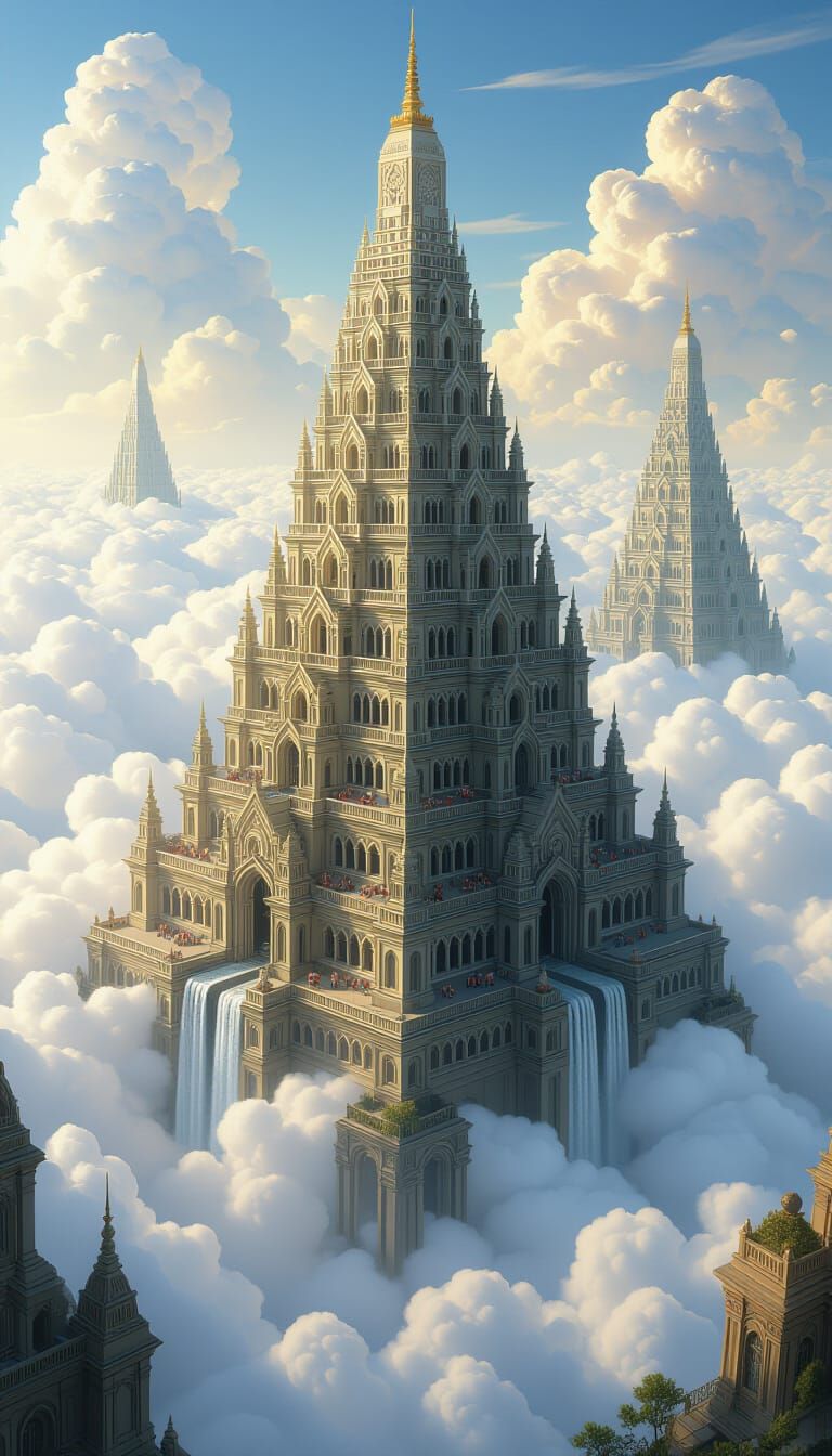 Gothic Temple Above Clouds with Fractal Terraces