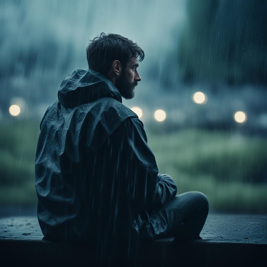 Epic Film Still: Man Gazing Out at Rainy Evening
