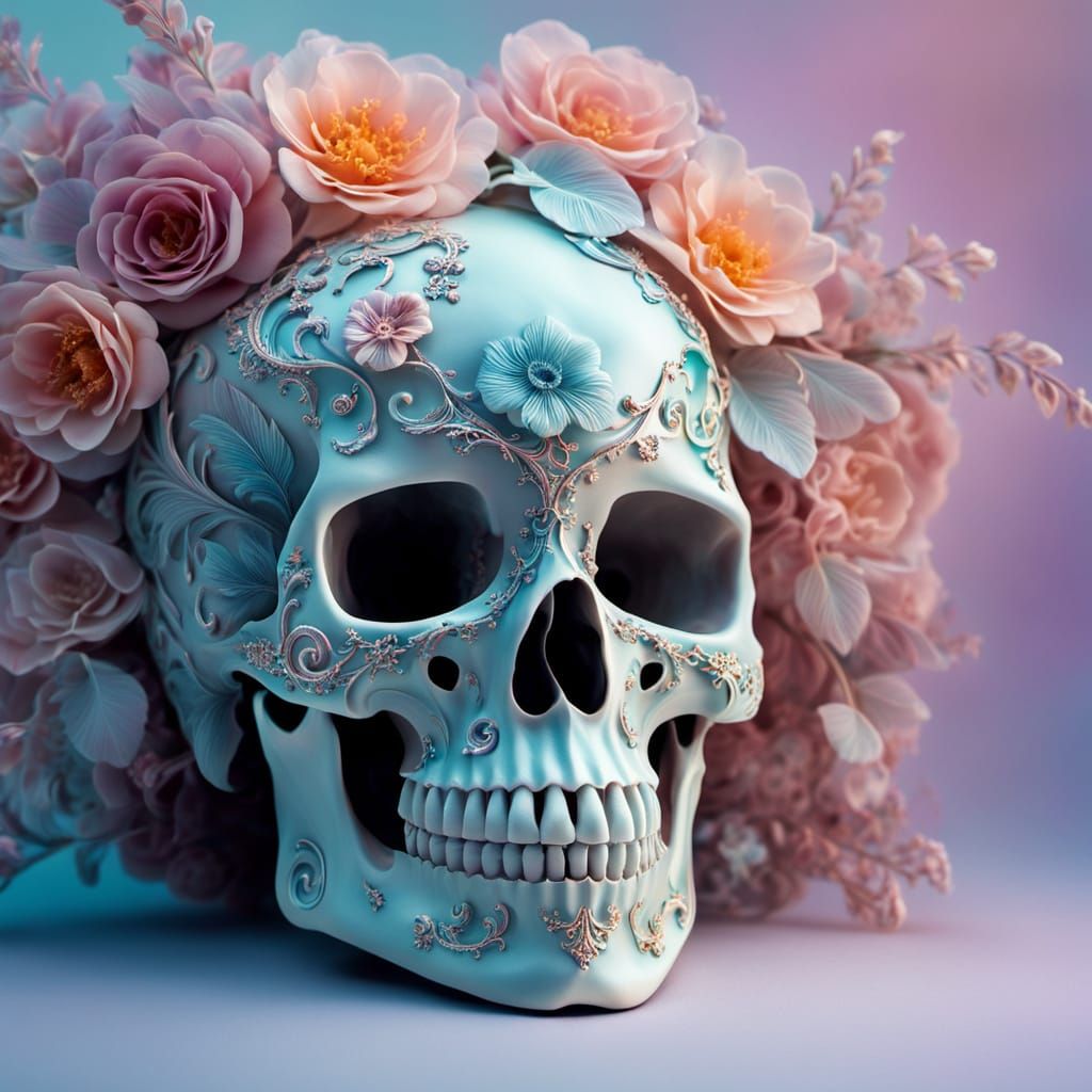 Floral Skull in Surreal Iridescent Colors