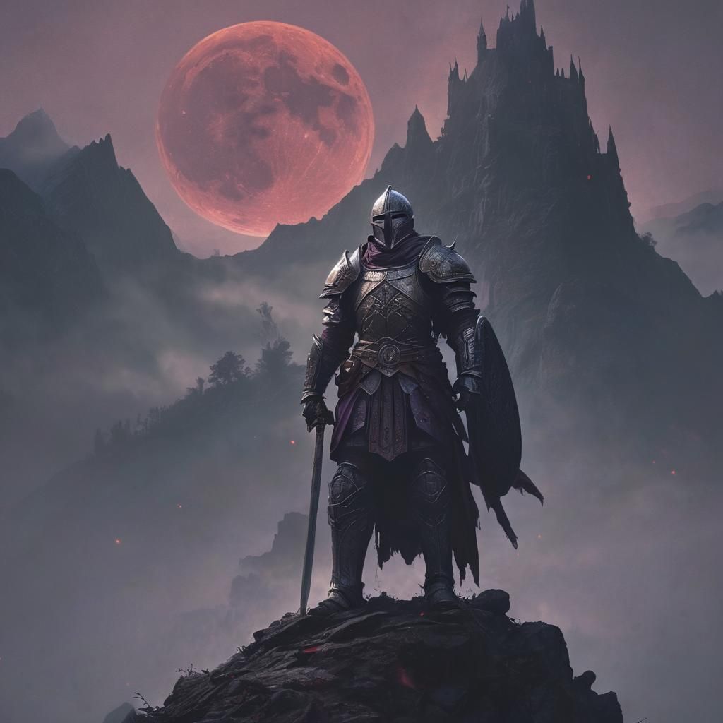 Medieval Knight Under Blood Moon in Dark Fantasy Style