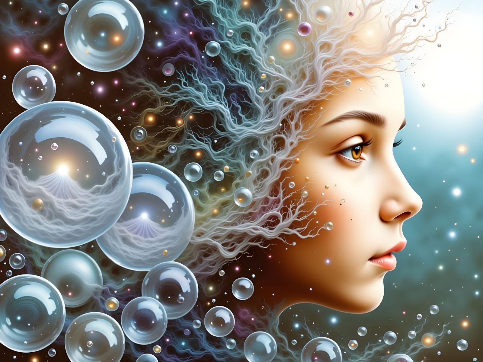 Cosmic Bubble Encases Woman's Face in Art Nouveau Style