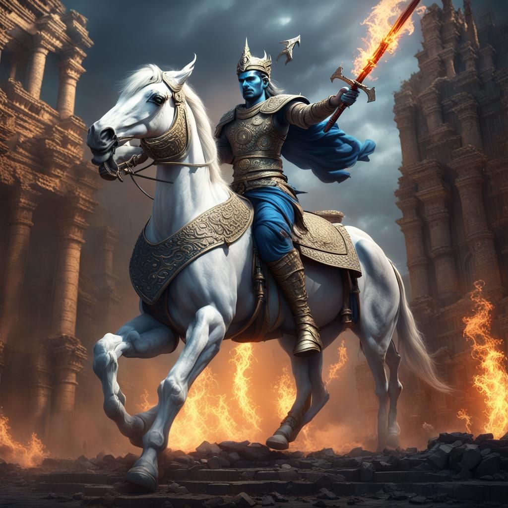 Kalki on White Horse in Ruined City
