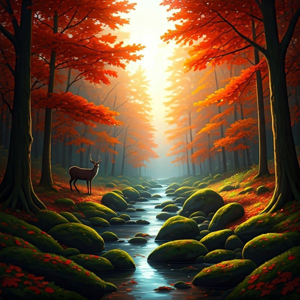 Autumn Forest Scene with Deer, Inspired by Landscape Art
