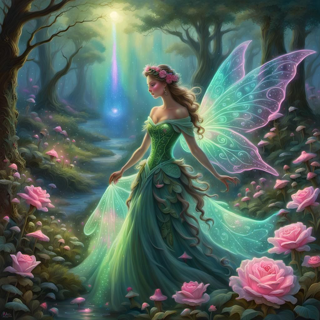 Fairy with Neon Wings in Enchanted Meadow