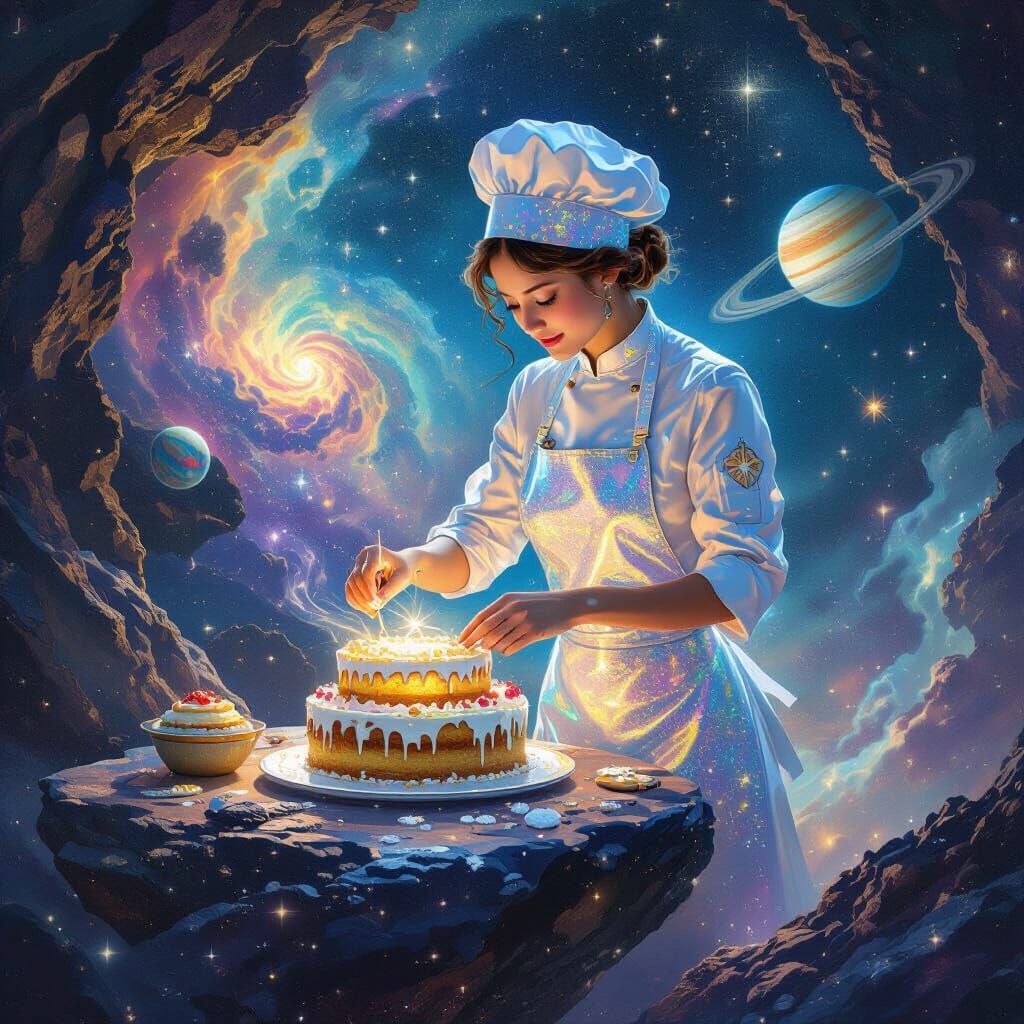 Cosmic Pastry Chef Bakes Cake in Surreal Nebula