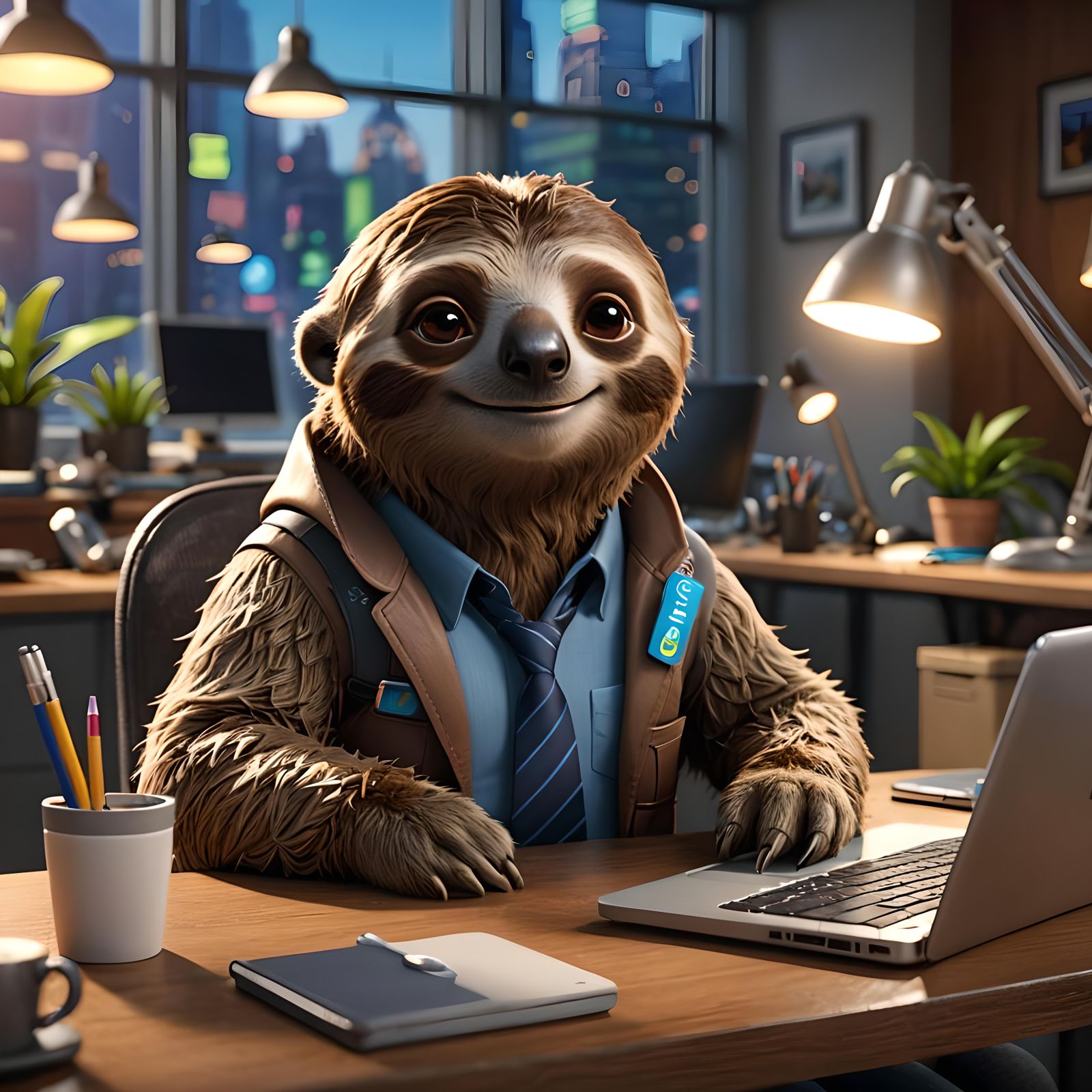 A Cute Sloth Working With a Laptop