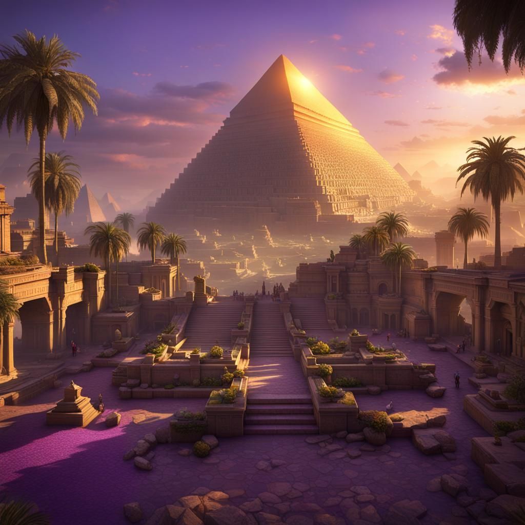 Babylon Gardens Meet Giza Pyramids: Dark Fantasy Art