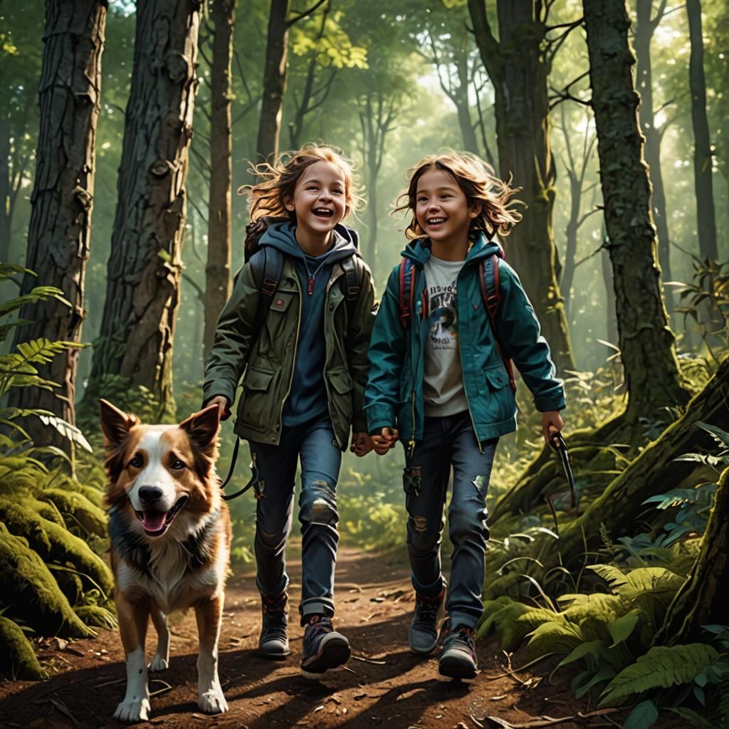 Joyful Siblings Explore Woods: Hyperrealistic Maximalist Ima...