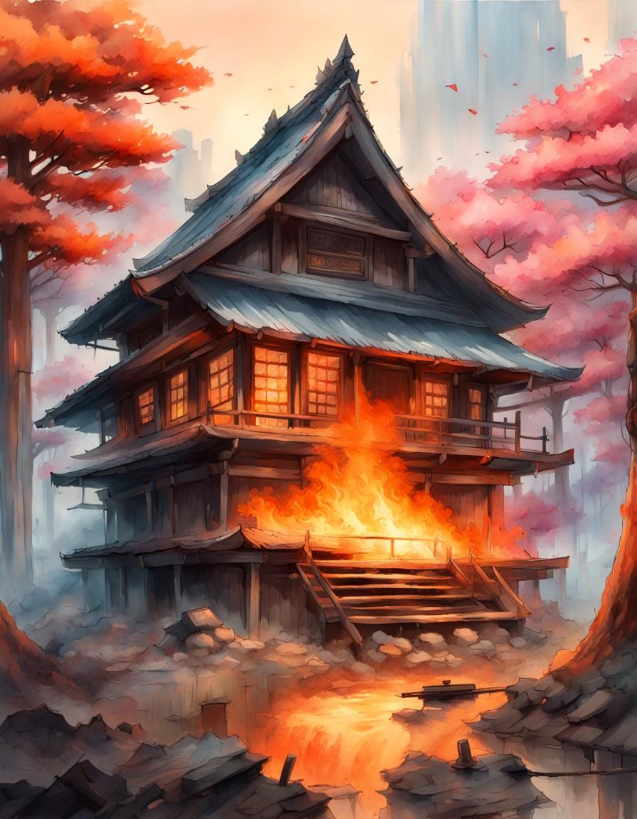 Burning Buddhist Hut in Silkpunk Style