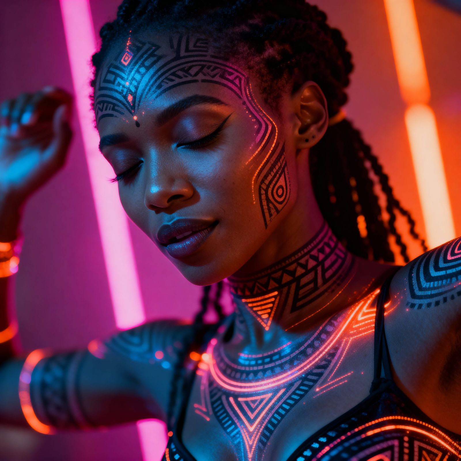 Woman with Tribal Patterns and Neon Glow