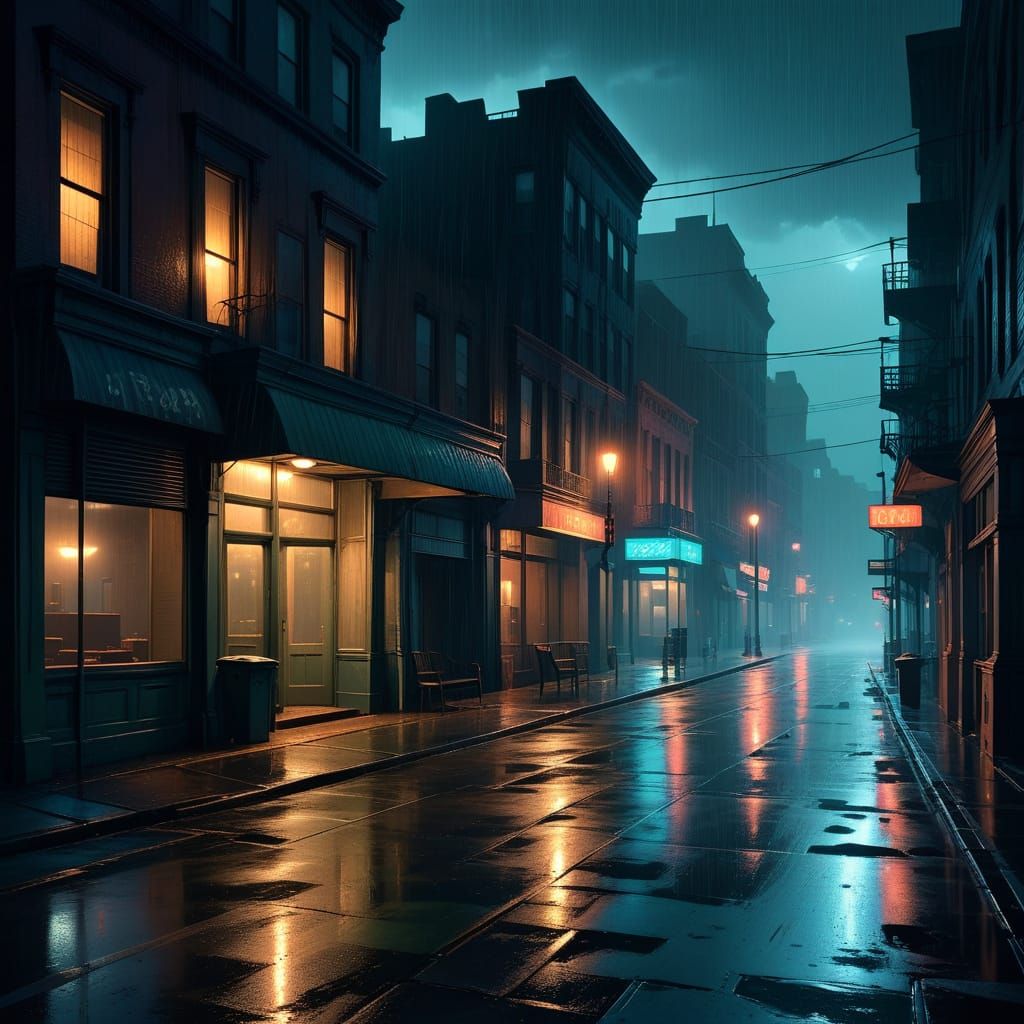 Hopper-esque City Street Nocturne in Cinematic Glow