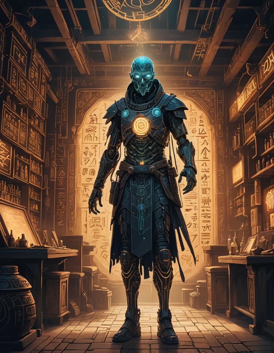 Sci-Fi Sorcerer in Industrial Tavern with Hieroglyphs