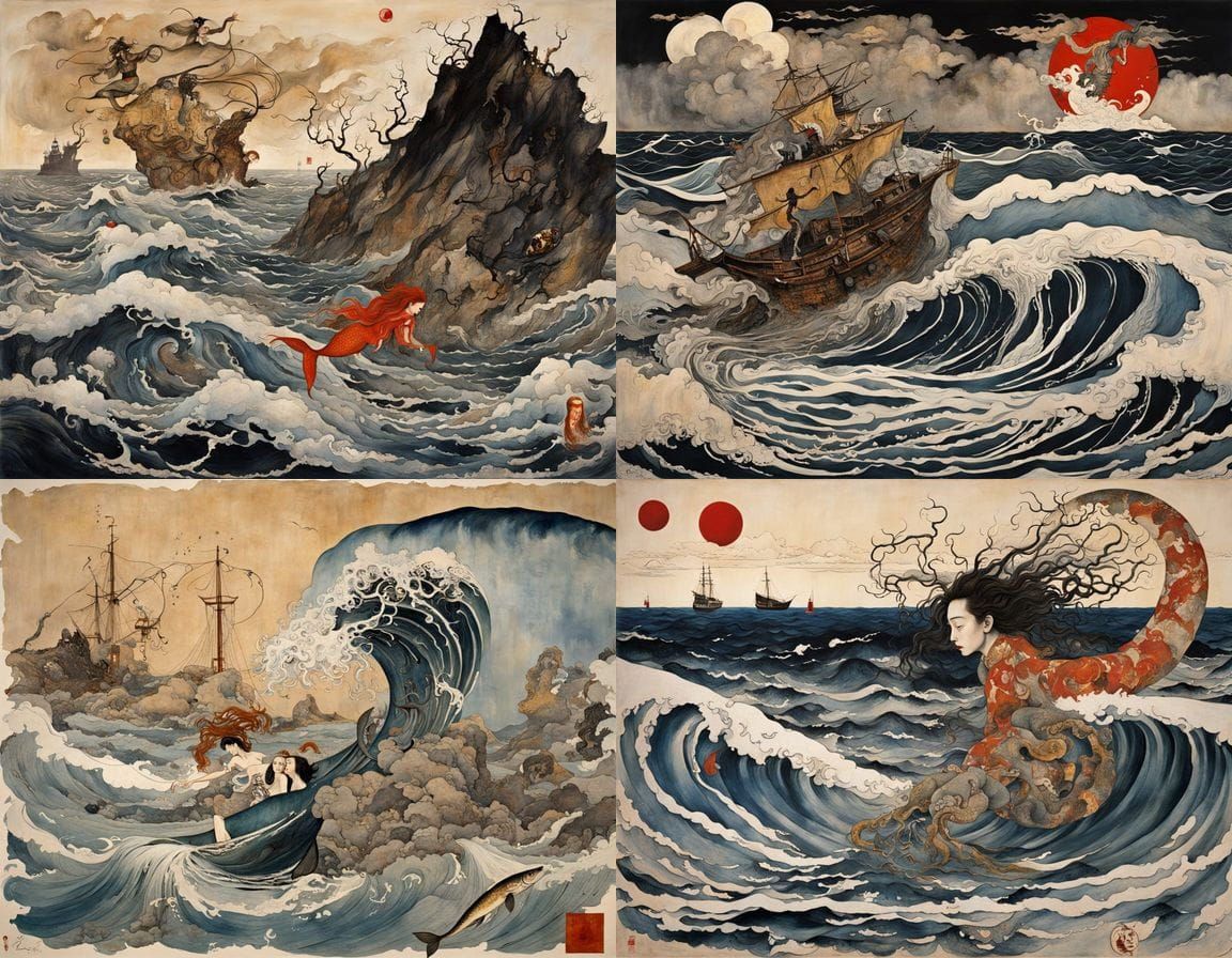 Surreal Japanese Mermaid Confronts a Tempestuous Sea in Drea...
