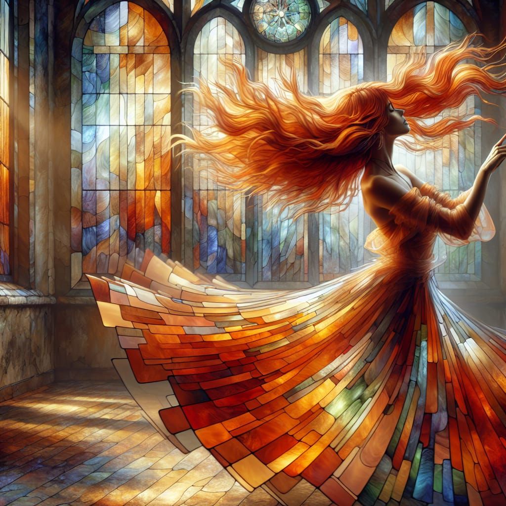 Woman Dancing in Sunlight Through Stained Glass