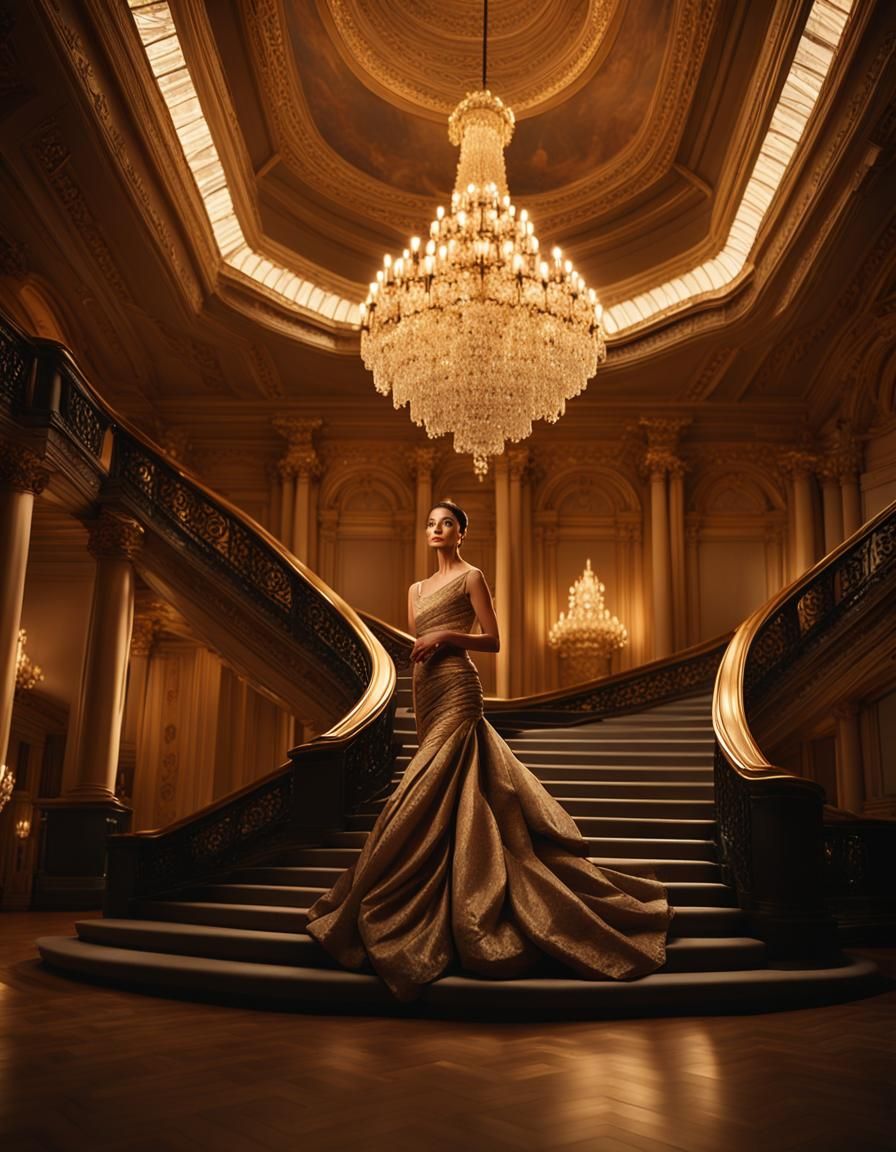 Elegant Woman in Gown on Ballroom Staircase