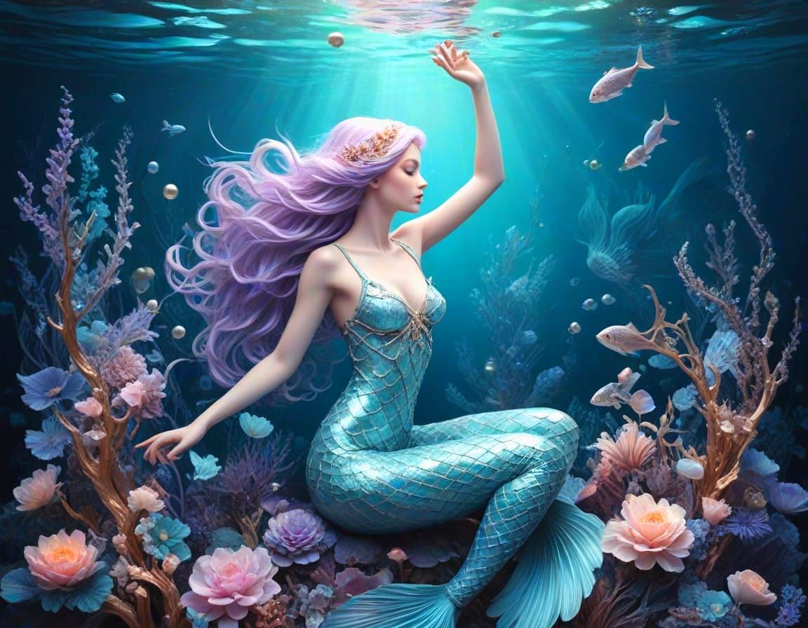 Whimsical Moonlit Mermaid in Iridescent Hues