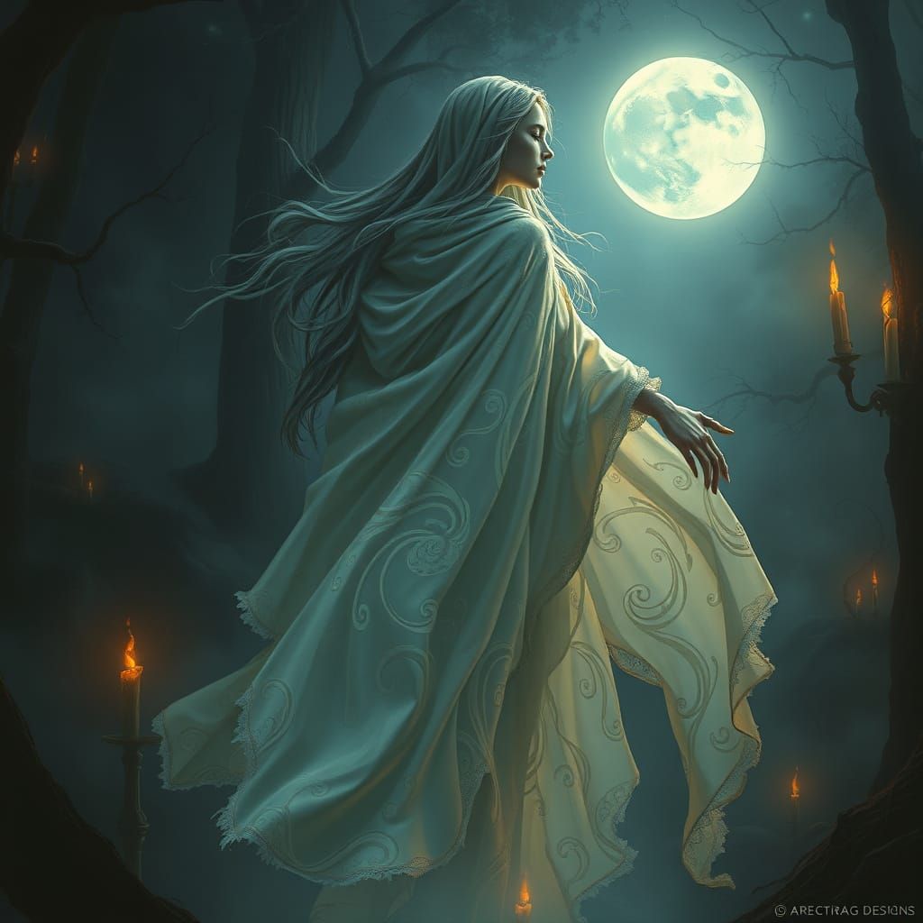 Ethereal Being in Shimmering Silken Robes with Candlelit Aur...