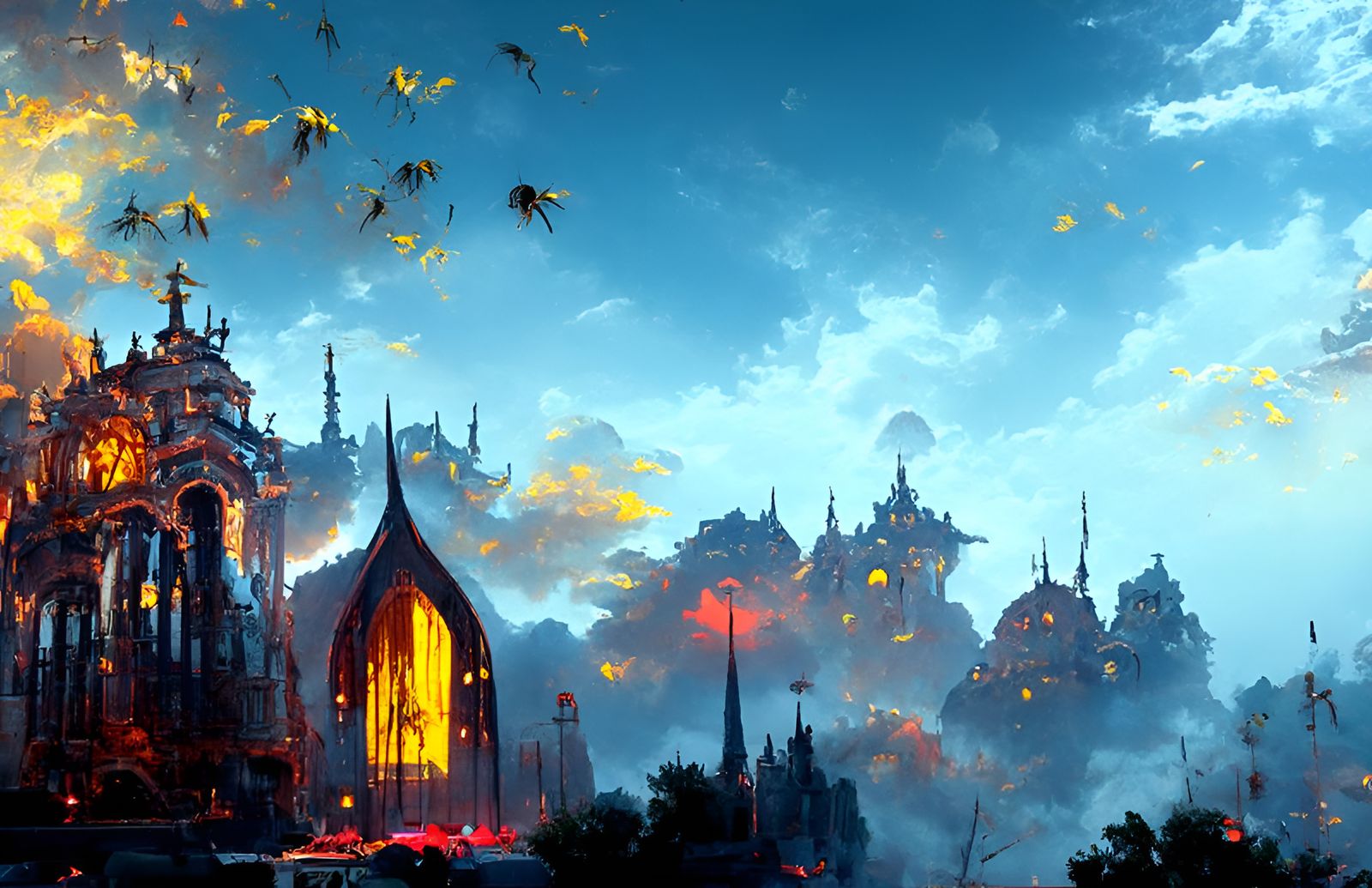 Evil Bee Cathedral at Dusk: A Dark Fantasy Painting