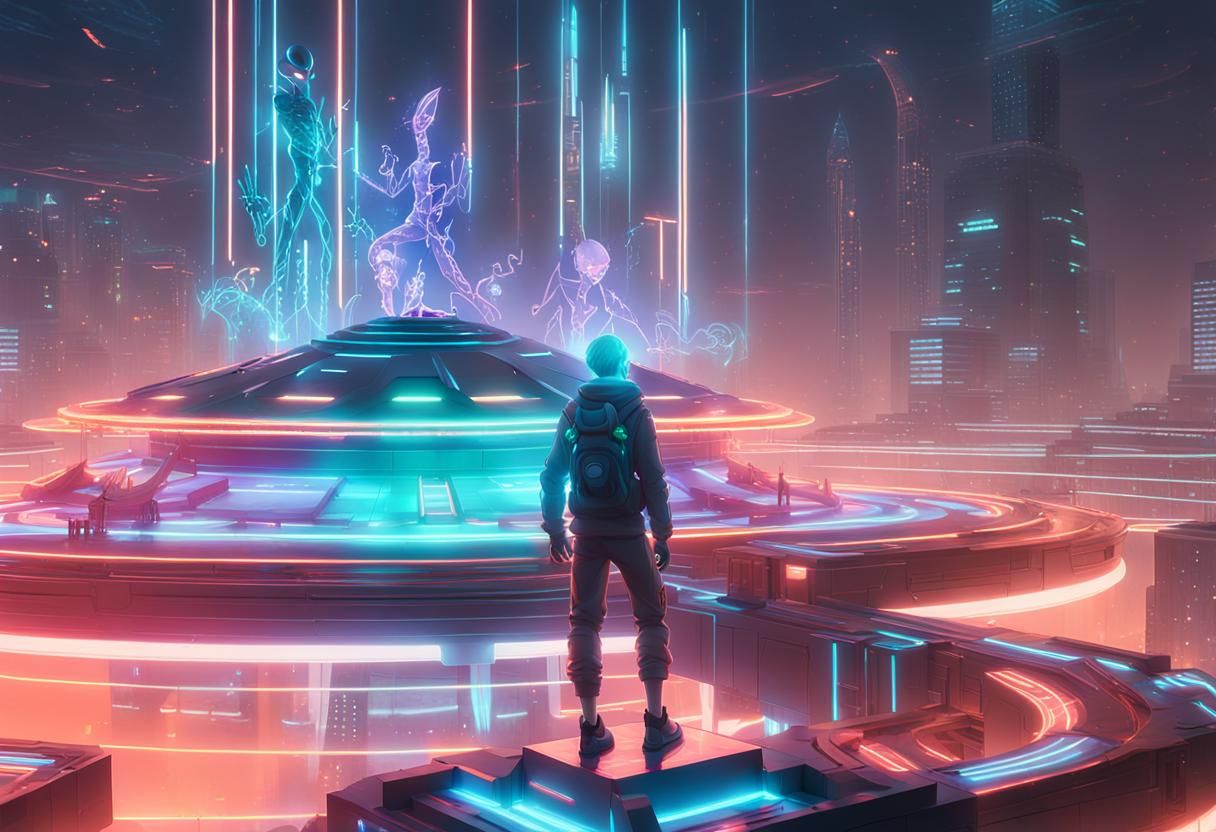 Futuristic Alien on Platform in 3D Anime Style