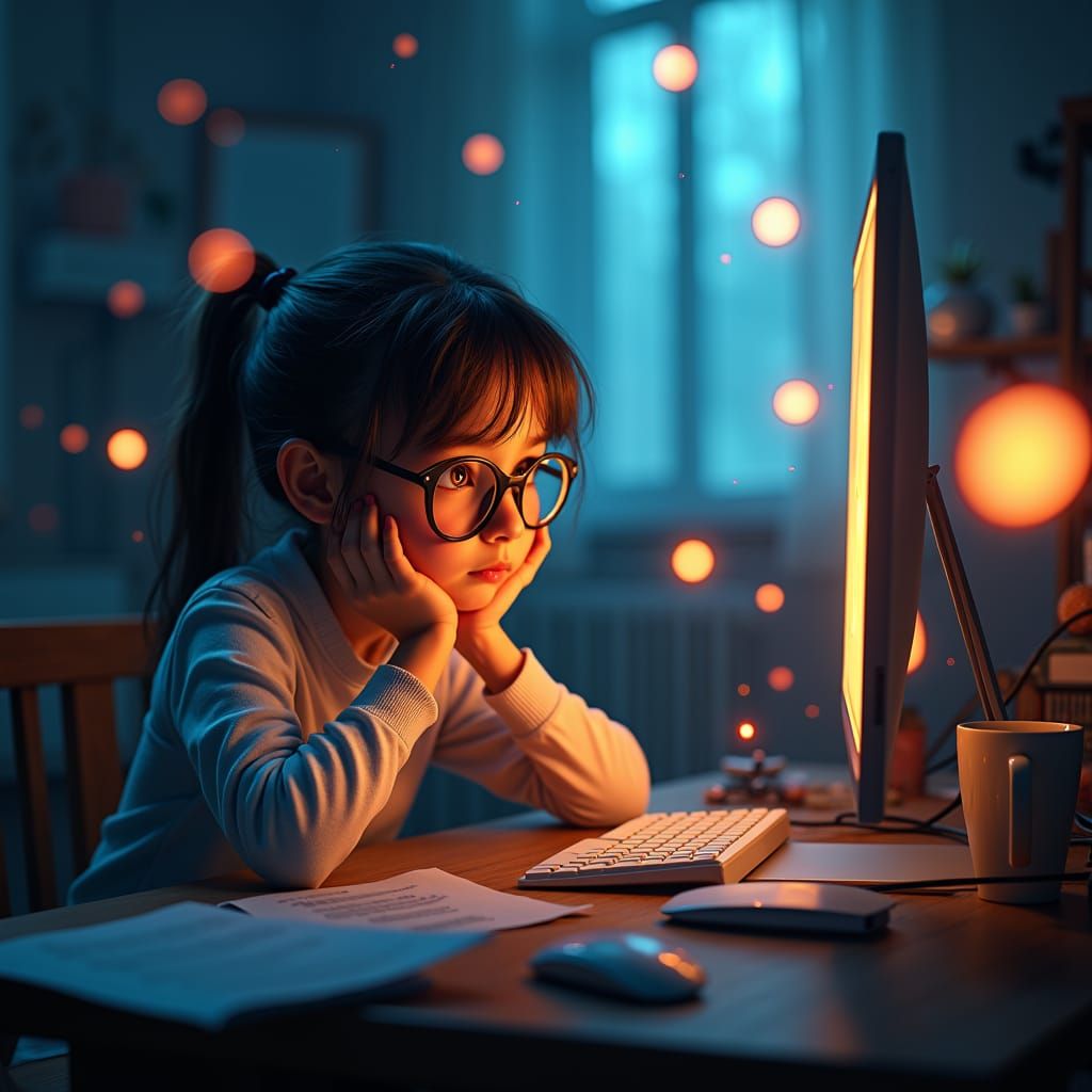 Tired Girl Stares at Computer Screen, Digital Art