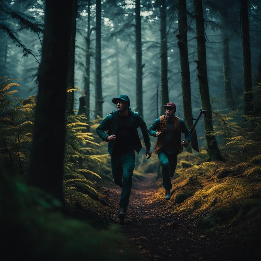 Cinematic Forest Chase Scene with Hatchet