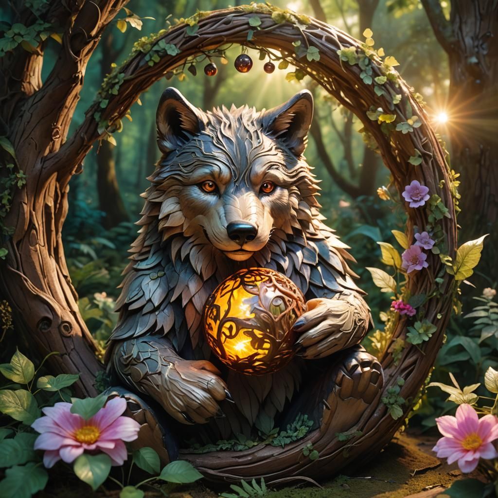 Wolf with Glowing Teddy Bear in Solar Forest